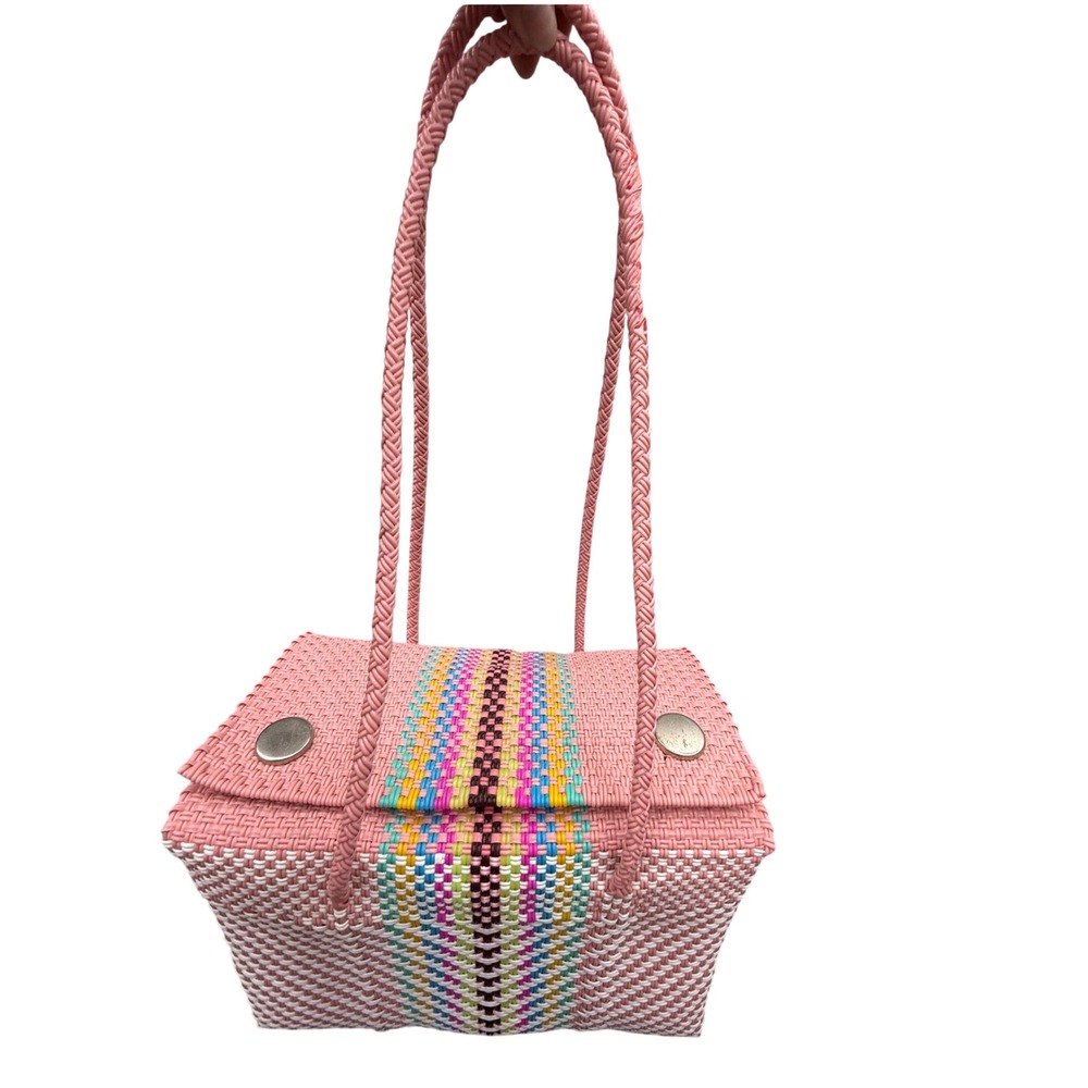Pink‎ Woven Plastic Basket Tote Bag Multi Color Stripe Magnetic Snap Small